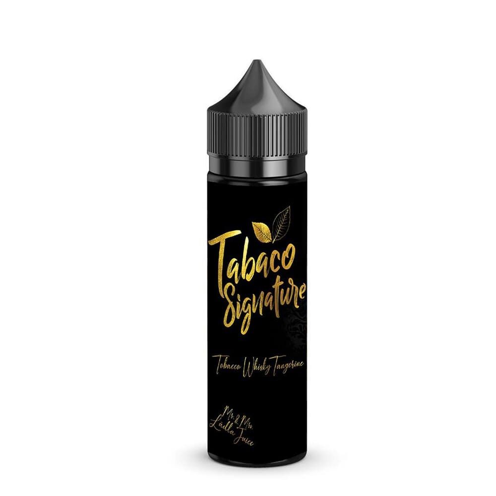 Aroma Tobacco Whisky Tangerine - Lädla Juice Schwarze Flasche mit der Aufschrift "Tabaco Signature" in Gold; darunter "Tobacco Whisky Tangerine" von Lädla Juice, schwarzer Deckel