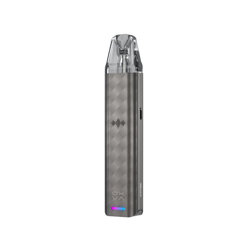 Oxva Xlim SE 2 Pod Kit in Gunmetal-Farbe mit klar sichtbarem Branding und mehrfarbiger LED-Anzeige.
