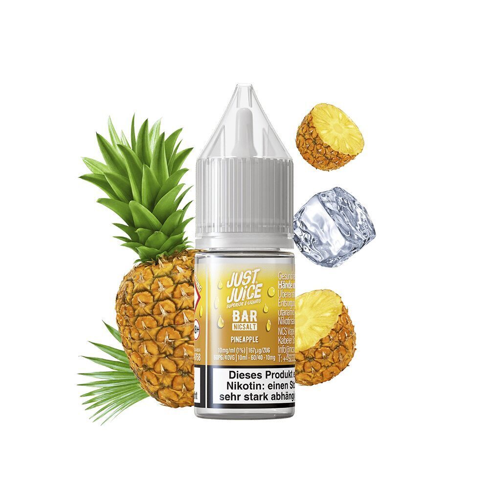Liquid Pineapple 10mg - Just Juice Just Juice Nikotinsalz Pineapple Flasche mit Ananas und Eiswürfeln im Hintergrund, gelbes Etikett, Warnhinweis auf der Verpackung