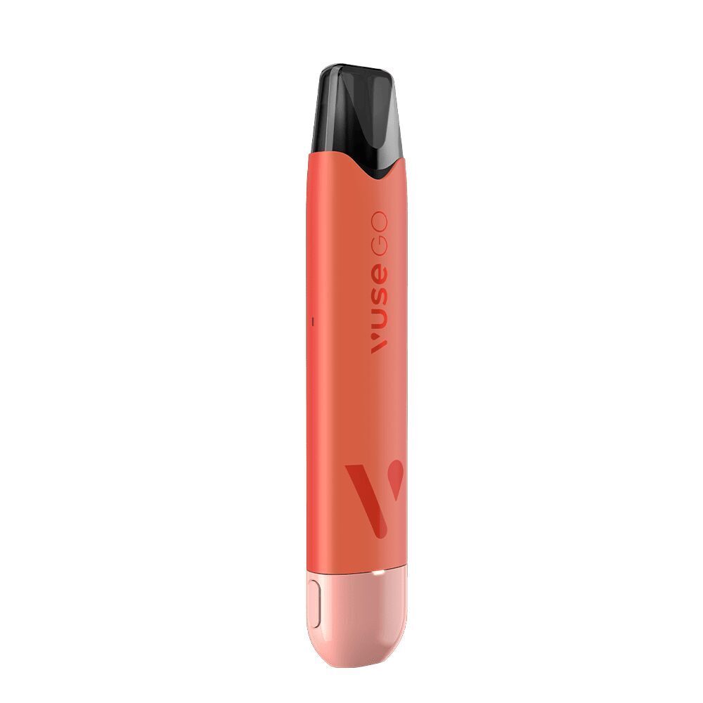 Vuse Go Reload Akku Pen - Orange Orangefarbener Vuse Go Reload Akku Pen mit schwarzem Mundstück und sichtbarem Vuse-Schriftzug; schlankes Design und abgerundete Kappe.