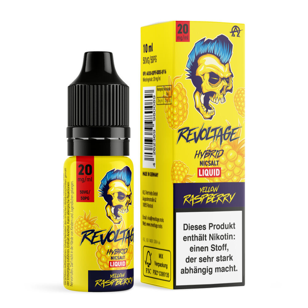 Revoltage Hybrid Liquid - Yellow Raspberry E-Liquid Revoltage Hybrid Nicsalt Yellow Raspberry 20mg, gelber Hintergrund, Schädel-Design, Warnhinweis über Nikotingehalt