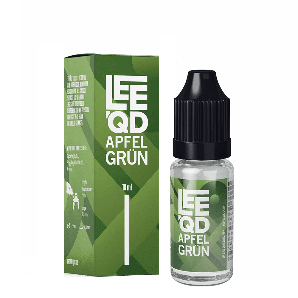 Liquid Fruit Apfel grün 0mg - Leeqd Flasche und Schachtel des Leeqd Liquid Apfel grün 0mg, beide in grünem Design, klarer Sicht auf Etikett und Text mit 10 ml Angabe
