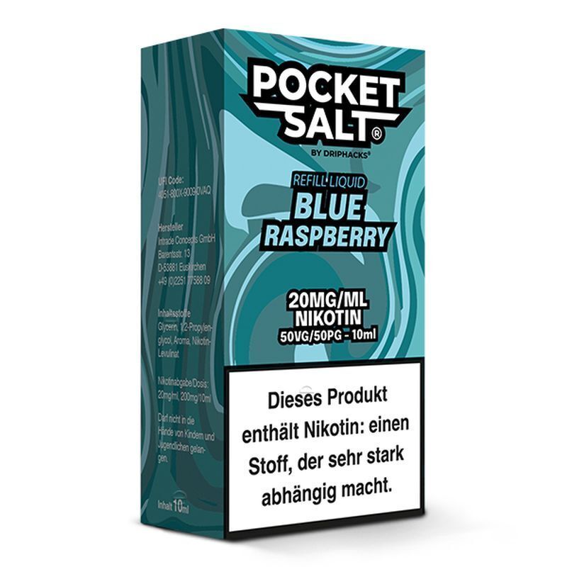 Verpackung des Nikotinsalzes Pocket Salt Blue Raspberry, 20mg, 10ml, mit einem Warnhinweis zu Nikotinabhängigkeit auf der Vorderseite.