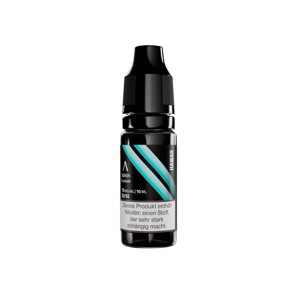 Liquid Hawaii 10mg - Adalya Nikotinsalz Adalya Nikotinsalz E-Liquid Flasche Hawaii, 10 ml, mit blauem Streifen-Design und Warnhinweis auf Abhängigkeit durch Nikotin