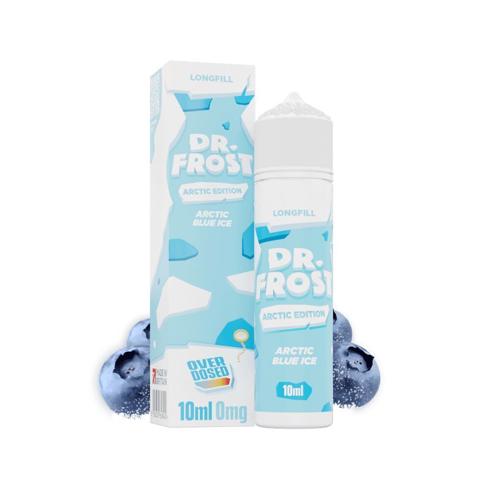 Aroma Arctic Blue Ice - Dr. Frost Dr. Frost Aroma Arctic Blue Ice 10ml Longfill-Flasche und Verpackung mit blauer Optik, umgeben von gefrorenen Blaubeeren