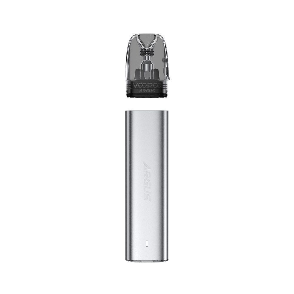 Voopoo Argus G2 Mini Pod Kit - Starry Silver Voopoo Argus G2 Mini Pod Kit in Starry Silver mit durchsichtigem Mundstück und silbernem Gehäuse, Argus-Logo sichtbar