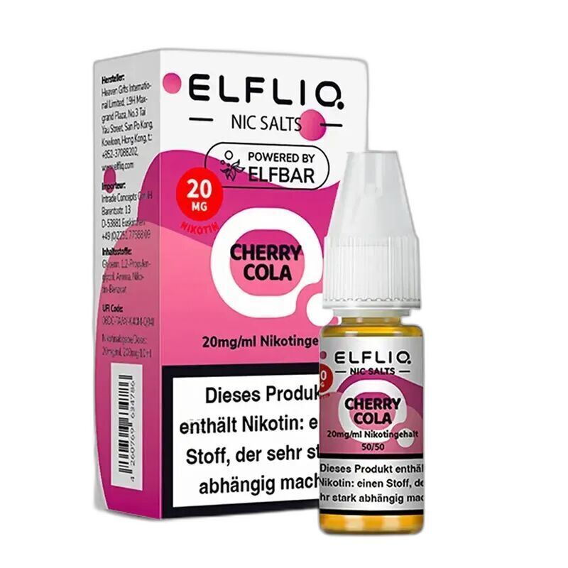 Elfliq Nikotinsalz - Cherry Cola 20mg Elfliq Nikotinsalz Cherry Cola 20mg mit Flasche und Verpackung, auffällig pinkes Design, sichtbarer Warnhinweis über Nikotingehalt.
