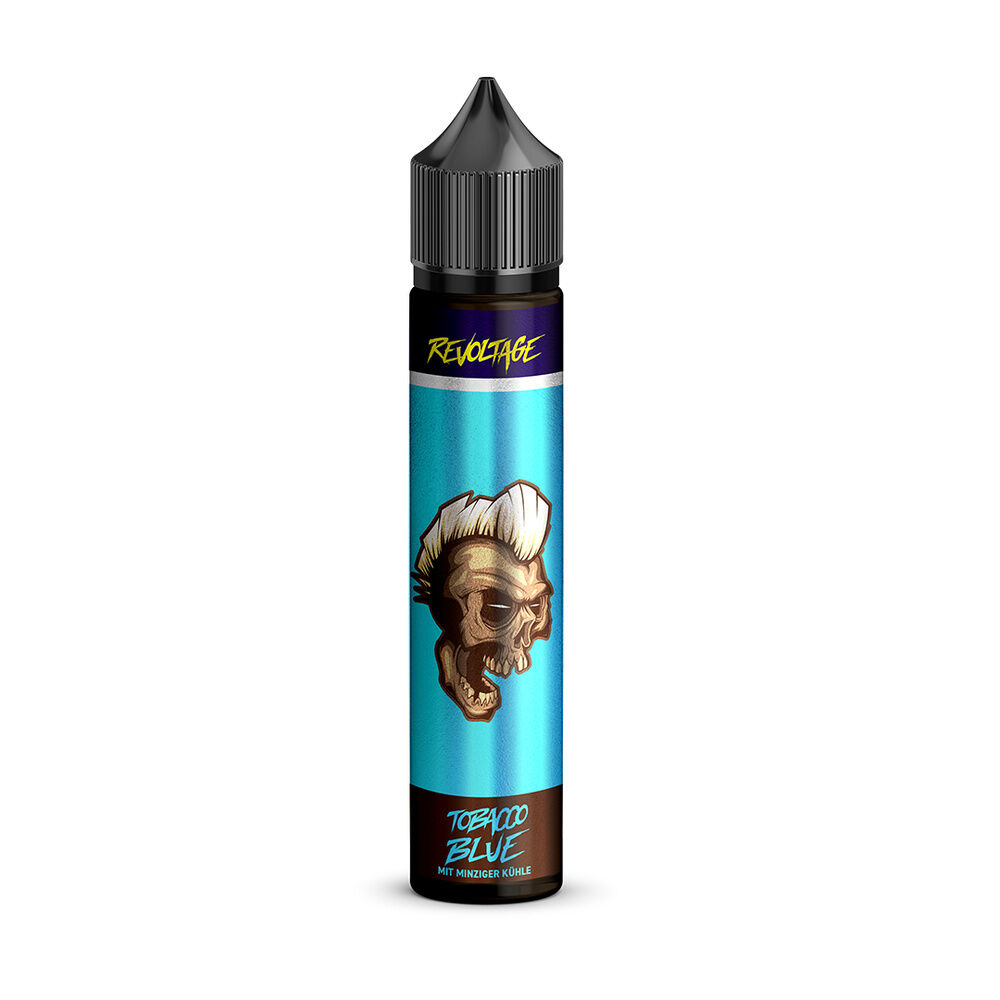 revoltage-tobacco-longfill-aroma-blue Revoltage Tobacco Longfill Aroma Blue mit Totenkopf-Design auf hellblauer Flasche, schwarzer Deckel, Aufschrift "Tobacco Blue – mit minziger Kühle"
