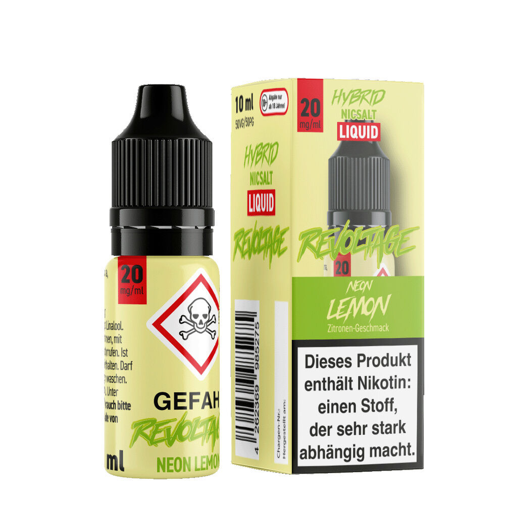 Revoltage Hybrid Liquid - Neon Lemon Revoltage Hybrid Liquid Neon Lemon 20mg Flasche und Verpackung mit Warnzeichen, Zitronengeschmack und Nikotinhinweis.