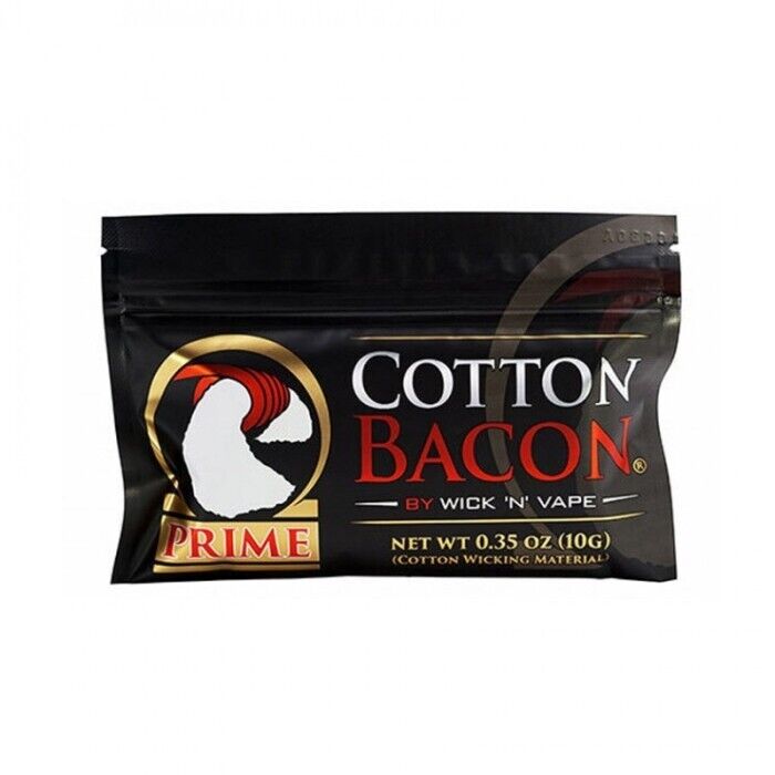 Cotton Bacon Prime Watte Verpackung einer 10g Cotton Bacon Prime Wick 'N' Vape Watte im schwarzen Beutel mit rotem und weißem Logo.