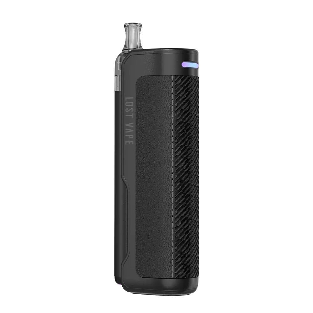 Lost Vape Thelema Nexus Pod Kit in der Farbe Twill Black Lost Vape Thelema Nexus Pod Kit in Schwarz, mit strukturiertem Finish, sichtbarem Schriftzug und leuchtendem Lichtring oben
