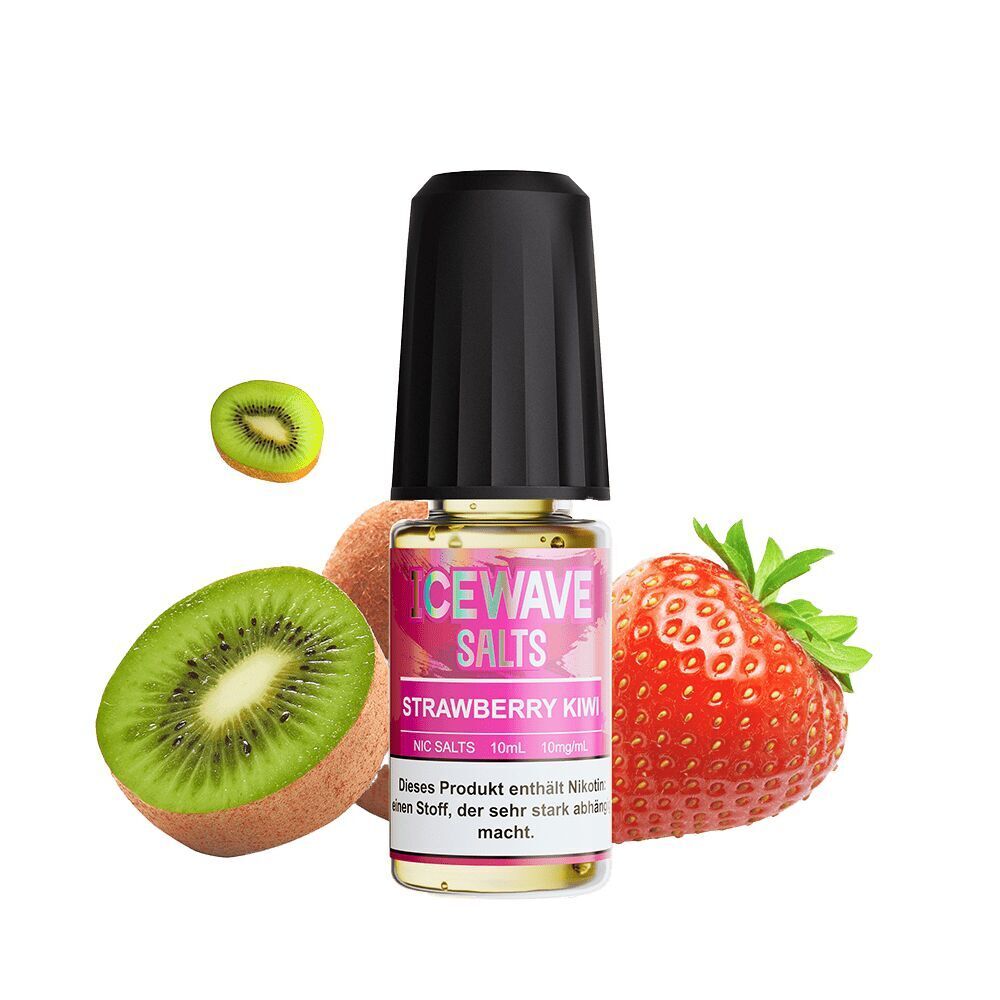 Icewave Nikotinsalz - Strawberry Kiwi 10mg Icewave Nikotinsalz Strawberry Kiwi Flasche mit schwarzem Verschluss, daneben frische Kiwi und Erdbeere auf weißem Hintergrund