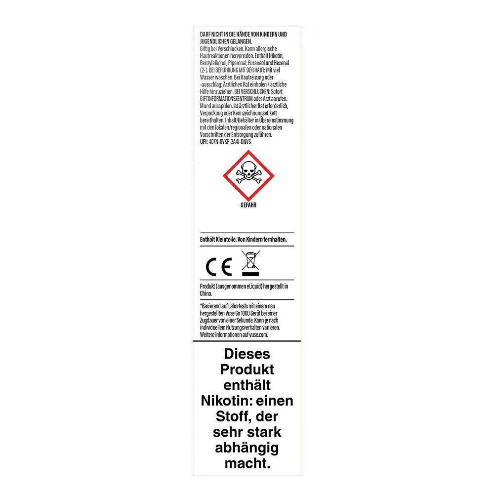 Mango Ice 20mg - Vuse GO 1000 Einweg Vuse GO 1000 - Mango Ice Verpackung mit Warnhinweisen, Totenkopfsymbol, Text zu Nikotingehalt und Abhängigkeit, CE- und Recycling-Symbolen.