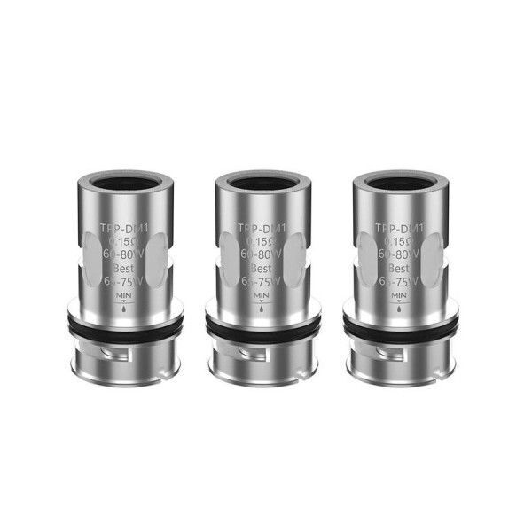 Voopoo TPP DM1 0,15 Ohm Drei Voopoo TPP DM1 0,15 Ohm Verdampferköpfe aus Metall, mit schwarzem O-Ring und Beschriftung zur Wattangabe.
