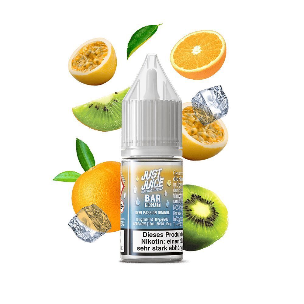 Liquid Kiwi Passion Orange 10mg - Just Juice Just Juice Nikotinsalz Kiwi Passion Orange Flasche umgeben von Kiwis, Orangen, Passionsfrüchten und Eiswürfeln