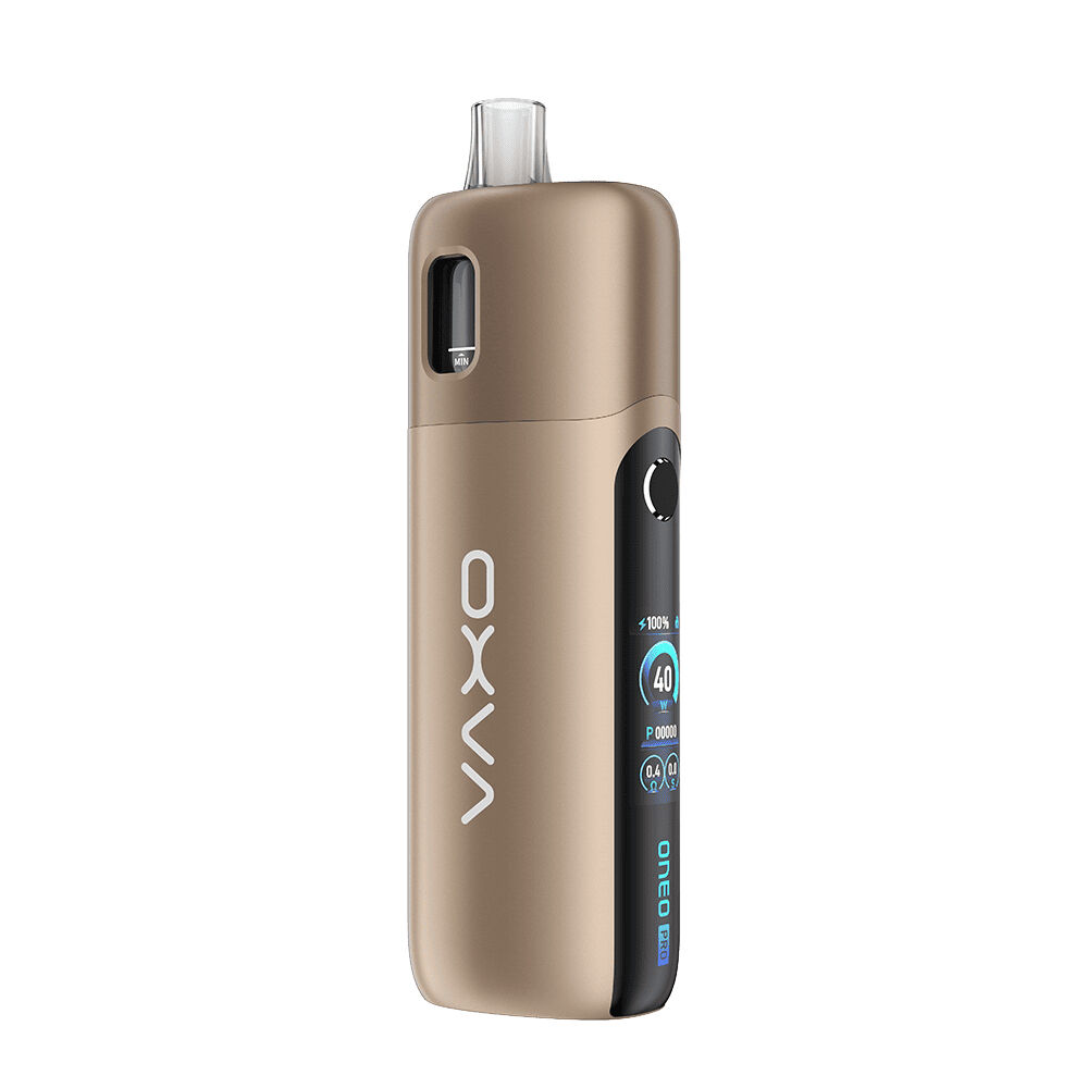 Oxva Oneo Pro Pod Kit Oxva Oneo Pro Pod Kit in Mocha Brown, schlanke Form, mit erkennbarem Display auf der Vorderseite und einem runden Knopf an der Seite.