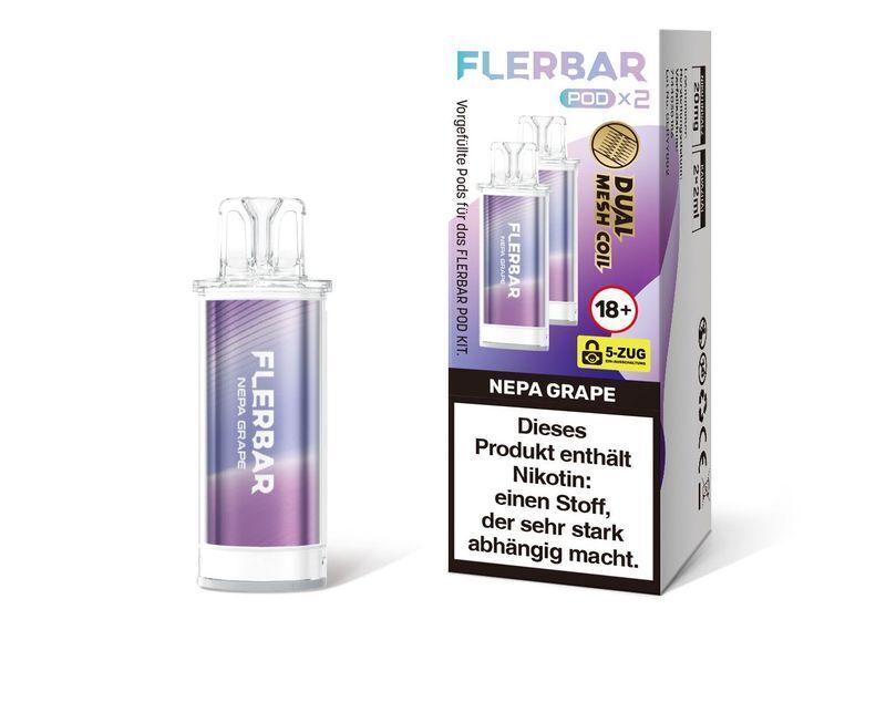 Nepa Grape 20mg - Flerbar Pods Flerbar Pods Nepa Grape 20mg mit Dual Mesh Coil, violette Verpackung, enthält Hinweis auf Nikotinabhängigkeit, geeignet ab 18 Jahren
