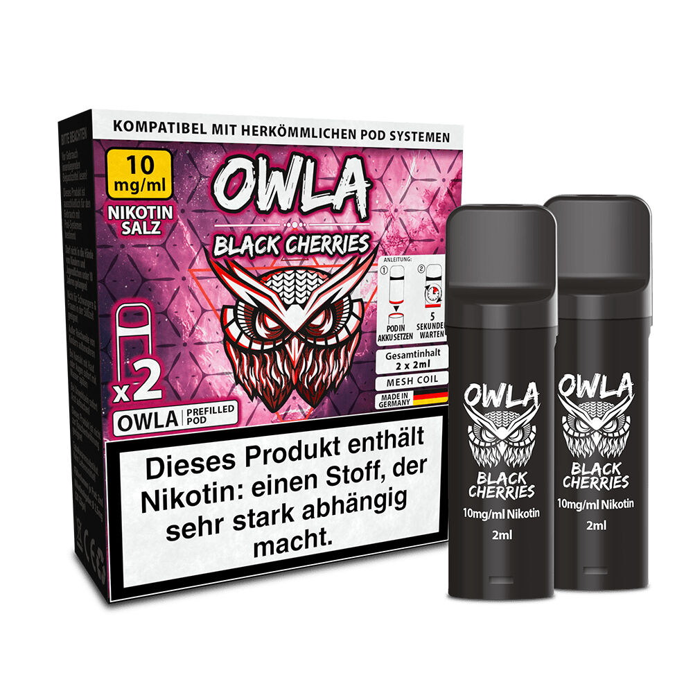 Owla Pods - Black Cherries 10mg Owla Pods Black Cherries 10mg mit Nikotinsalz, 2ml, zwei schwarze Kartuschen vor einer Verpackung mit Eulendesign und Warnhinweis.