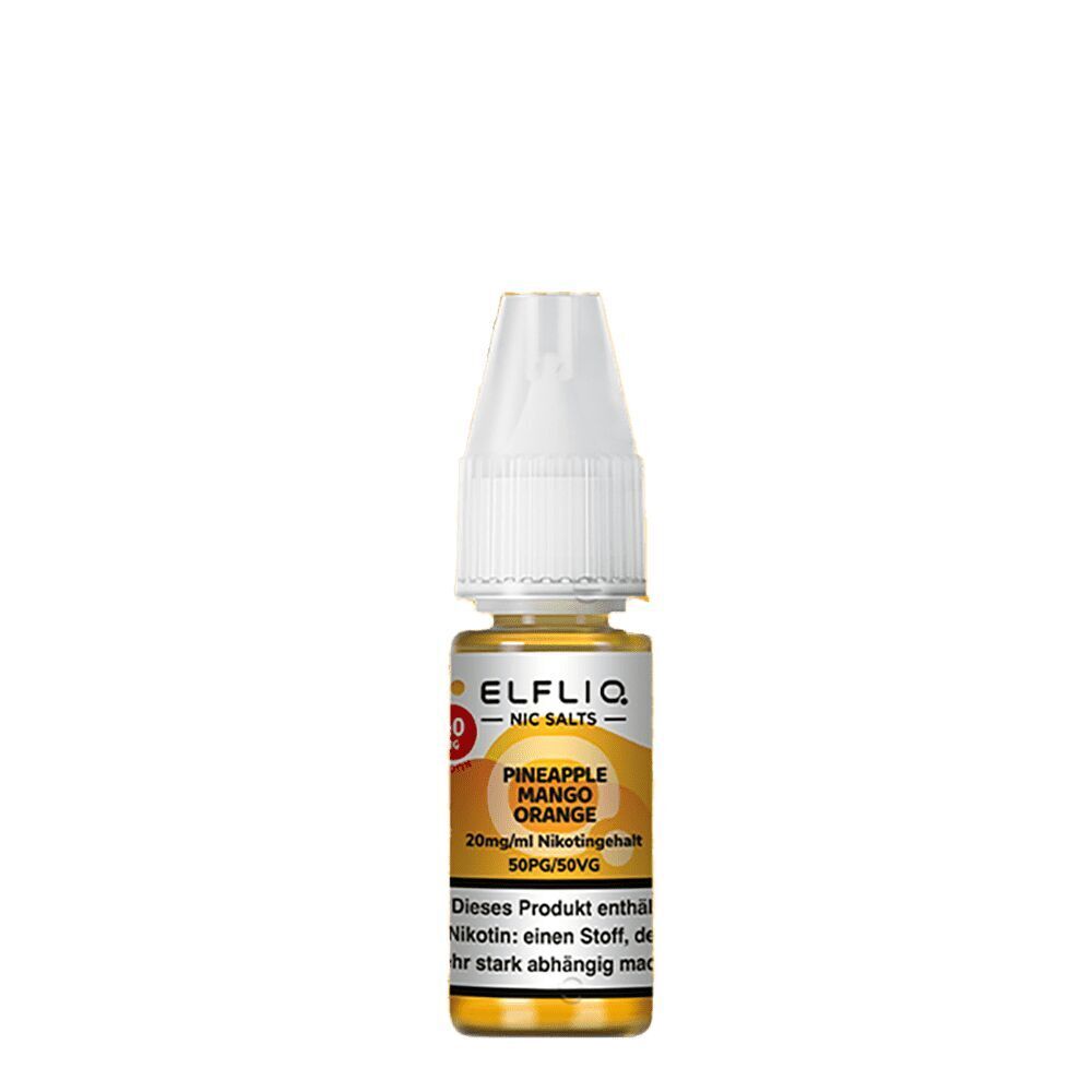 Elfliq Nikotinsalz - Pineapple Mango Orange 20mg E-Liquid-Flasche Elfliq Nic Salts Pineapple Mango Orange 20mg, weißer Verschluss, gelbe Flüssigkeit, 10 ml, Nikotinhinweis auf dem Etikett.