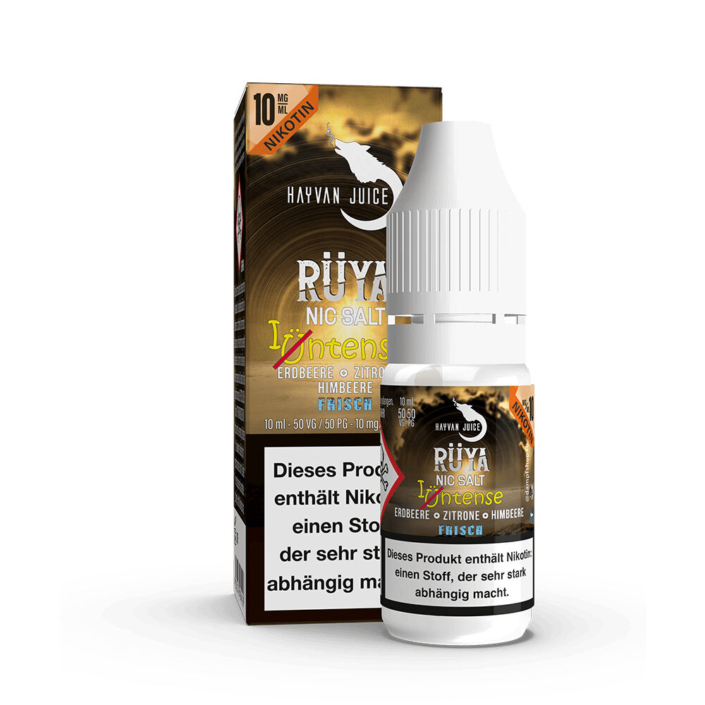 Hayvan Juice Nikotinsalz - Rüya 10mg Flasche und Verpackung von Hayvan Juice Rüya Nikotinsalz 10mg mit Erdbeer-, Zitronen- und Himbeergeschmack, 10 ml; enthält Nikotin.