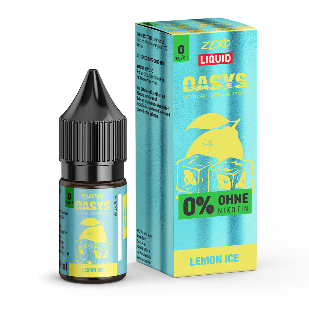 Flasche und Verpackung von Revoltage Oasys Liquid Lemon Ice 0mg Nikotin mit Zitronen- und Eiswürfelgrafik auf blauem Hintergrund.