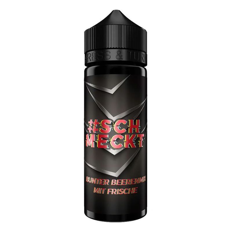 Aroma Bunter Beerenmix von #schmeckt Flasche mit schwarzem Etikett, Aufschrift #SCHMECKT, Bunter Beerenmix mit Frische, schwarzer Deckel, Chevron-Muster auf dem Etikett.