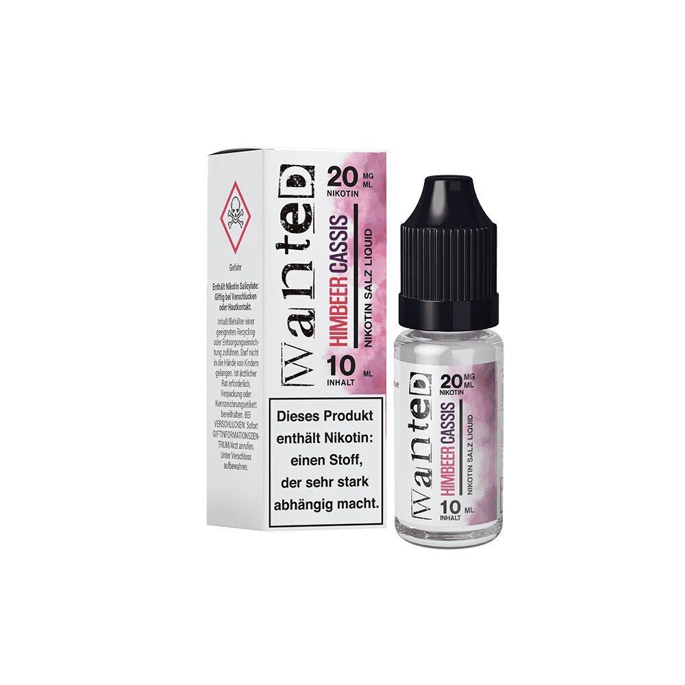 Liquid Himbeer Cassis von Wanted Wanted Nikotinsalz-Liquid Flasche und Verpackung, Himbeer Cassis Geschmack, 20mg Nikotin, 10ml, Warnhinweis auf Abhängigkeit sichtbar.