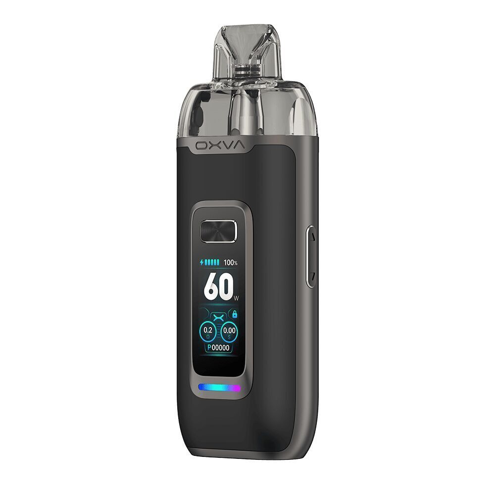 Oxva Vprime Pod Kit in der Farbe Black Leather Oxva Vprime Pod Kit in schwarzem Design mit LED-Display, das 60 W zeigt, und durchsichtiger Spitze, seitlicher Knopf sichtbar.