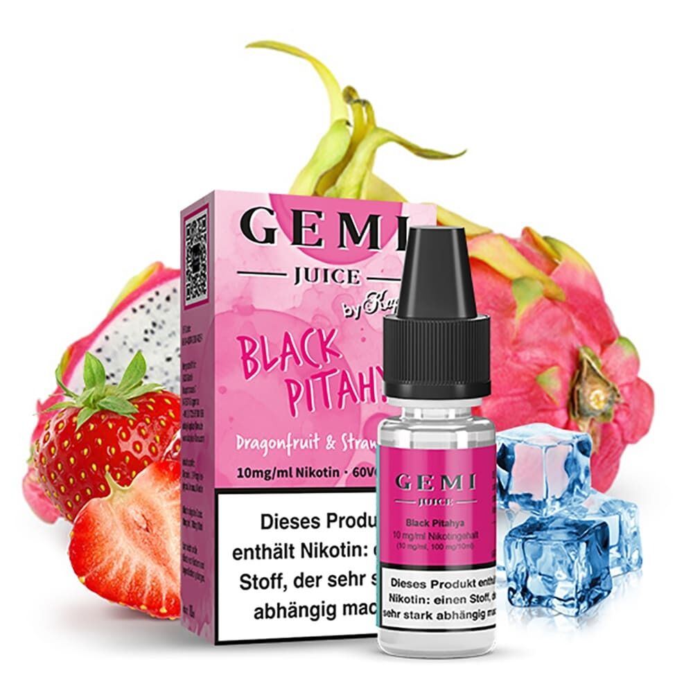 Liquid Black Pitahya mit 10mg Nikotin von Kapkas Gemi Juice Kapkas Gemi Juice Nikotinsalz Black Pitahya 10mg Fläschchen vor pinker Verpackung, umgeben von Drachenfrucht, Erdbeere und Eiswürfeln