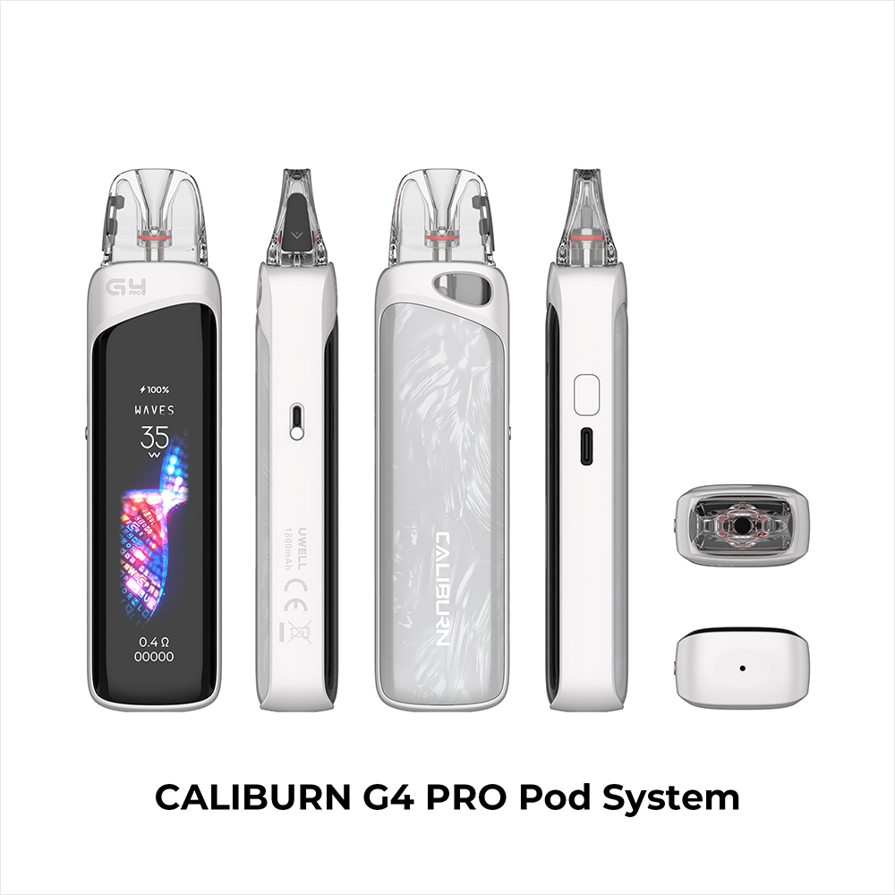 Uwell Caliburn G4 Pro Pod Kit in Frost White, bestehend aus mehreren Teilen mit transparenten und dekorativen Oberflächen, display showing 100% battery and 35W.