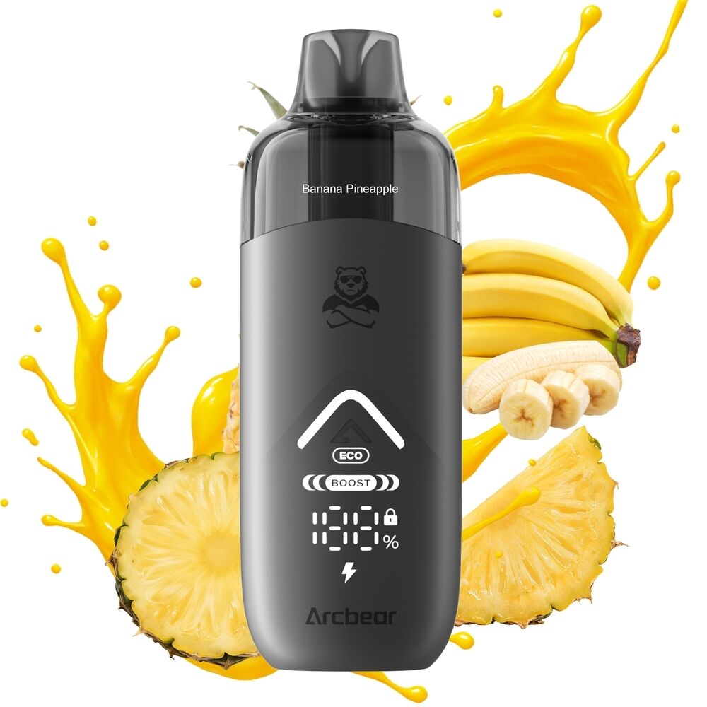 Arcbear Pro 15000 Set - Banana Pineapple 20mg Arcbear Pro 15000 Set in Grau mit "Banana Pineapple"-Aufschrift, umgeben von spritzendem Saft, Bananen und Ananasscheiben.