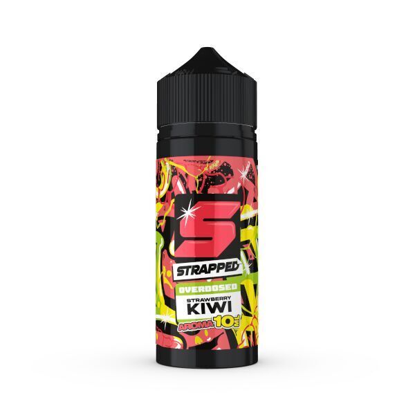 Aroma Strawberry Kiwi - Strapped Flasche mit Strapped Aroma Strawberry Kiwi, bunte Verpackung mit großem "S" und der Aufschrift "Overdosed Kiwi Aroma 10+"