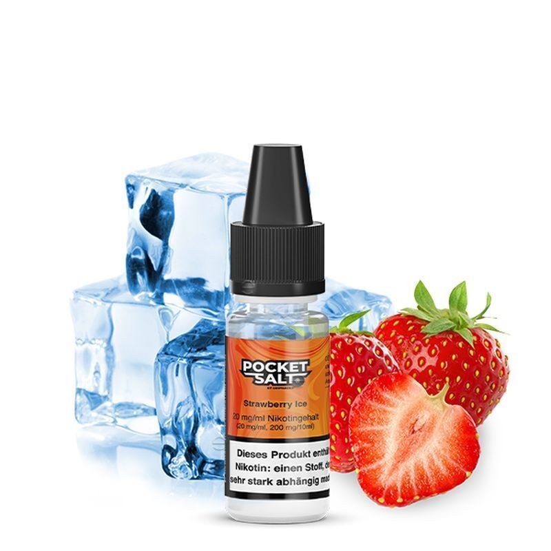 Liquid Strawberry Ice mit 20mg Nikotin von Pocket Salt Pocket Salt Nikotinsalz-Flasche Strawberry Ice mit Eiswürfeln und frischen Erdbeeren im Hintergrund
