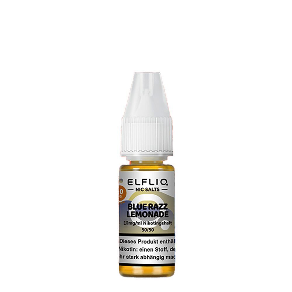 Elfliq Nikotinsalz - Blue Razz Lemonade 10mg Elfliq Nikotinsalz-Flasche mit Blue Razz Lemonade 10mg/ml Aufschrift, weißer Verschluss, Produktwarnung auf der Flasche.