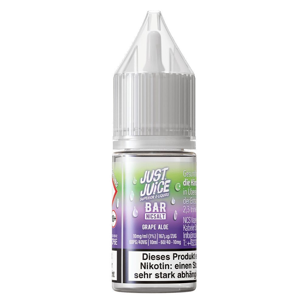 Liquid Grape Aloe 10mg - Just Juice Just Juice Nikotinsalz-Flasche mit der Geschmacksrichtung Grape Aloe, Etikett zeigt Nikotingehalt und Warnhinweis vor gesundheitlichen Risiken.