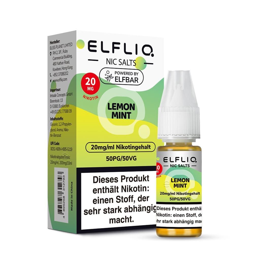 Elfliq Nikotinsalz - Lemon Mint 20mg Elfliq Nikotinsalz Lemon Mint 20mg Verpackung und Flasche, 20mg/ml Nikotingehalt, gelb-grünes Design, Hinweis auf Abhängigkeit.
