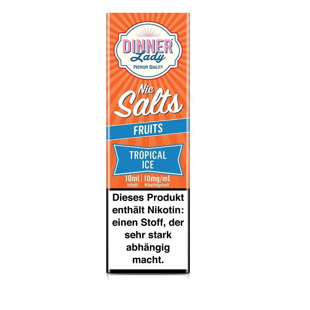 Dinner Lady Nic Salts Tropical Ice Verpackung mit orangenem Hintergrund, Hinweis auf Nikotinsalzgehalt 10mg/ml und Gesundheitswarnung.