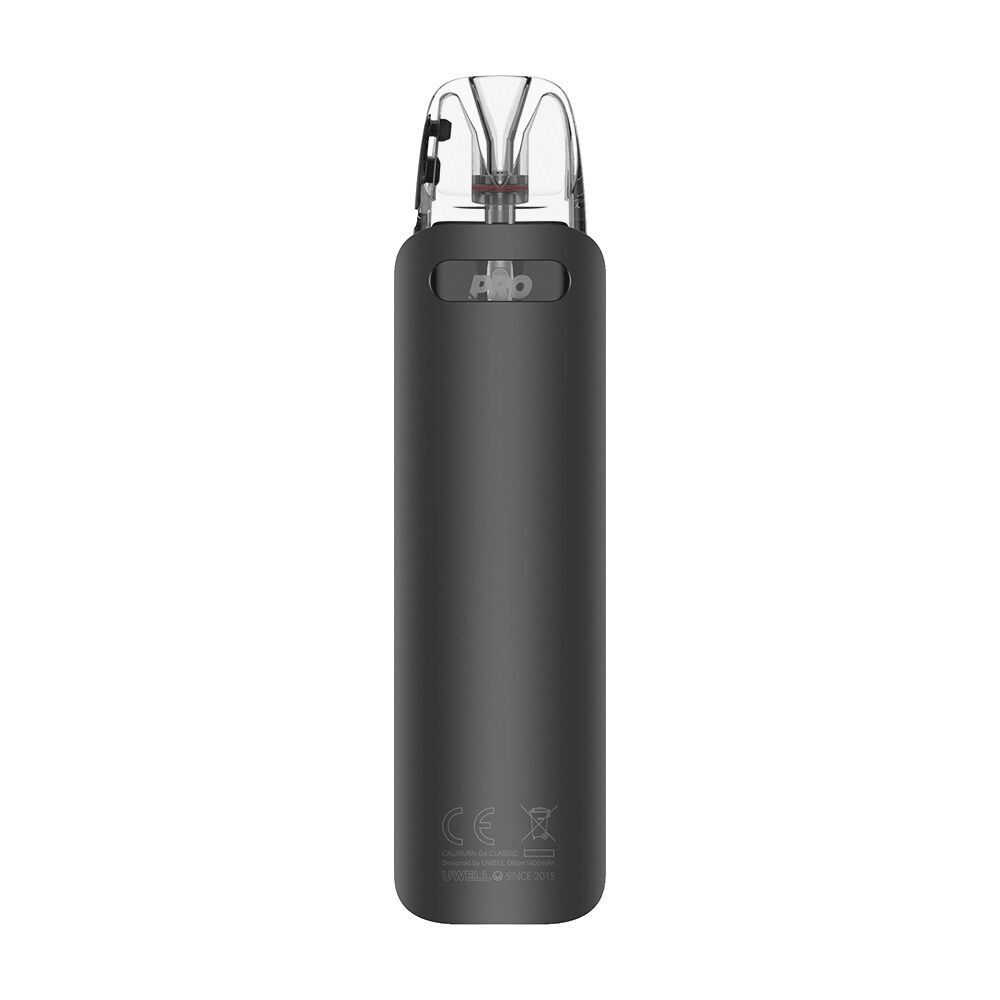Uwell Caliburn G4 Classic Pod Kit - Classic Silver Uwell Caliburn G4 Classic Pod Kit in Dunkelgrau, sichtbar mit durchsichtigem Mundstück und Uwell-Logo am unteren Ende