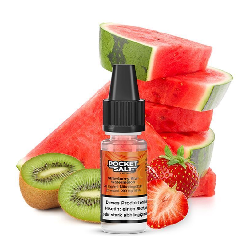 Liquid Strawberry Kiwi Watermelon mit 20mg Nikotin von Pocket Salt E-Liquid-Flasche "Pocket Salt" Strawberry Kiwi Watermelon vor frischen Erdbeeren, Kiwis und Wassermelonen.