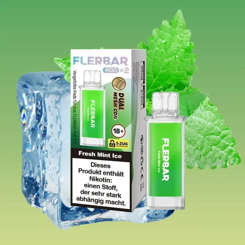 Fresh Mint Ice 20mg - Flerbar Pods Flerbar Pods Fresh Mint Ice 20mg Verpackung vor Eiswürfel und Minzblättern sichtbar, Hinweis auf Nikotin.