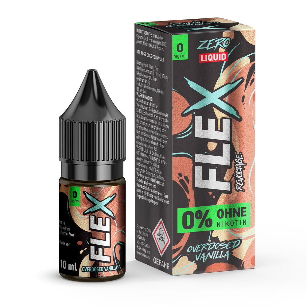 Revoltage Flex Nikotinsalz - Vanilla Revoltage Flex Liquid Vanilla 0mg mit 10ml Flasche, schwarze Kappe, Verpackung mit Aufschrift "0% Ohne Nikotin" und buntem Design.