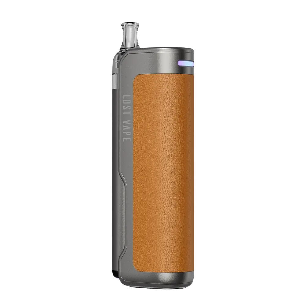 Lost Vape Thelema Nexus Pod Kit in der Farbe Gunmetal Brown Lost Vape Thelema Nexus Pod Kit in Gunmetal Brown mit brauner Lederabdeckung und sichtbar platziertem Logo auf der Seite.
