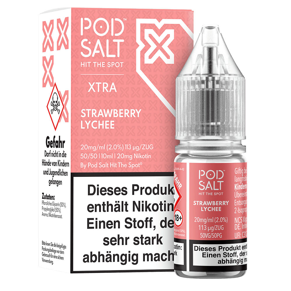 Pod Salt Xtra Nikotinsalz Strawberry Lychee 20mg Flasche neben Verpackung mit Warnhinweisen, roter Hintergrund, Nikotinangabe sichtbar