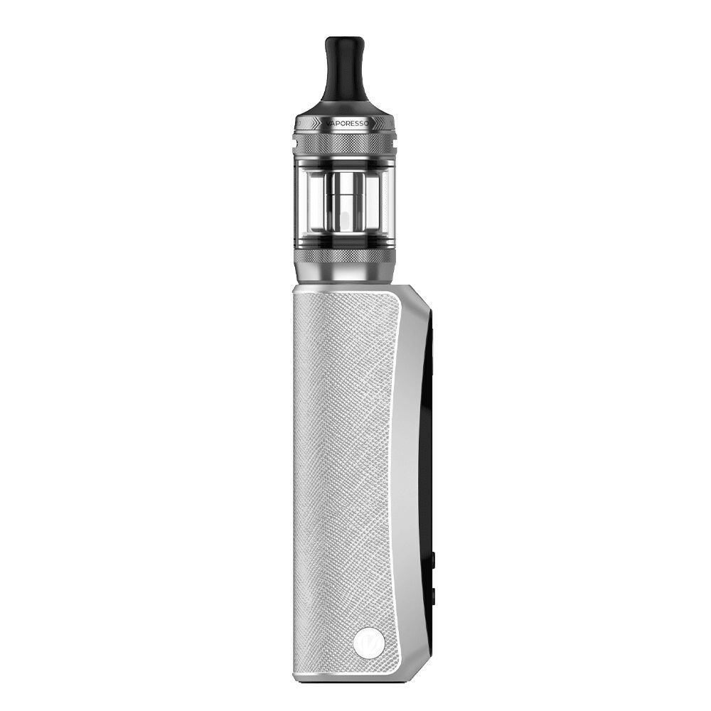 Vaporesso GTX One Pro Box Kit - Silver Vaporesso GTX One Pro Box Kit in Silber, mit strukturiertem Gehäuse, klarem Tank und schwarzem Mundstück.