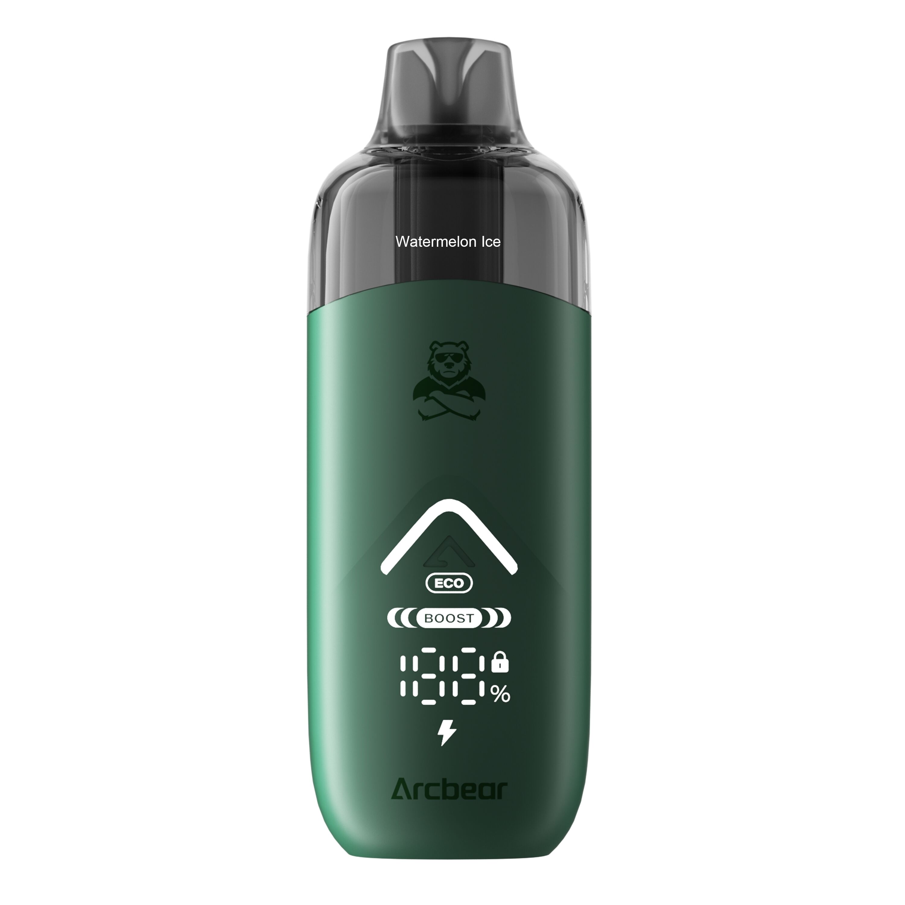 Arcbear Pro 15000 Set - Watermelon Ice 20mg Vape des Arcbear Pro 15000 Set, Watermelon Ice 20mg, mit grünem Gehäuse, Bären-Logo und digitaler Anzeige für Akku und Modus.