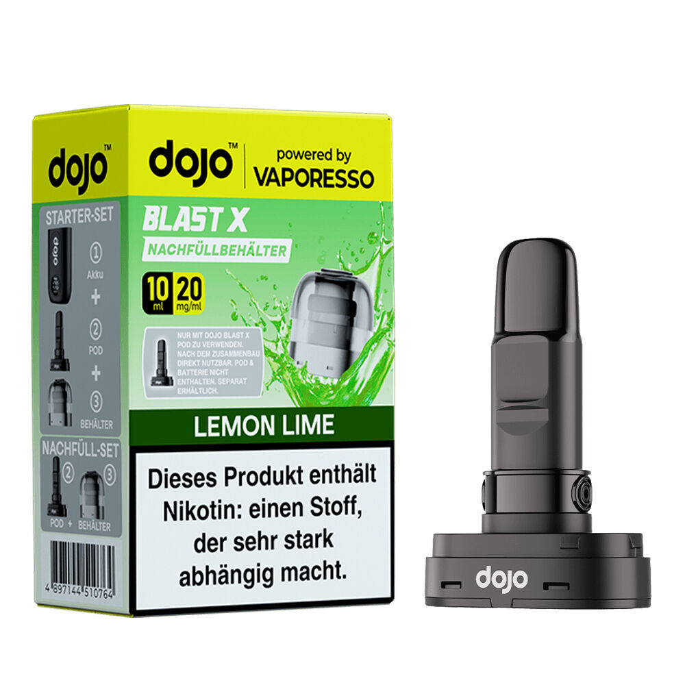 Vaporesso Dojo Blast X Pods - Lemon Lime 20mg Verpackung und Pod der Vaporesso Dojo Blast X Pods Lemon Lime 20mg, mit Nikotin-Warnhinweis, grünen und schwarzen Farbakzenten