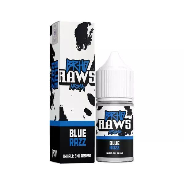Aroma Blue Razz von BRHD RAWS BRHD RAWS Aroma Blue Razz Flasche mit passender Verpackung, auffälliges schwarz-weiß-blaues Design, 5ml Inhalt, Aroma Liquid.