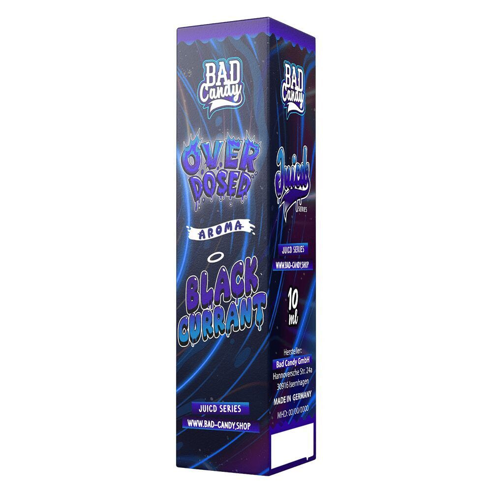 Aroma Blackcurrant Lemonade - Bad Candy Overdosed Produktverpackung von Bad Candy Aroma, Blackcurrant Lemonade Overdosed, 10 ml, mit blau-lila Design und Text "OVER DOSED AROMA BLACK CURRANT"