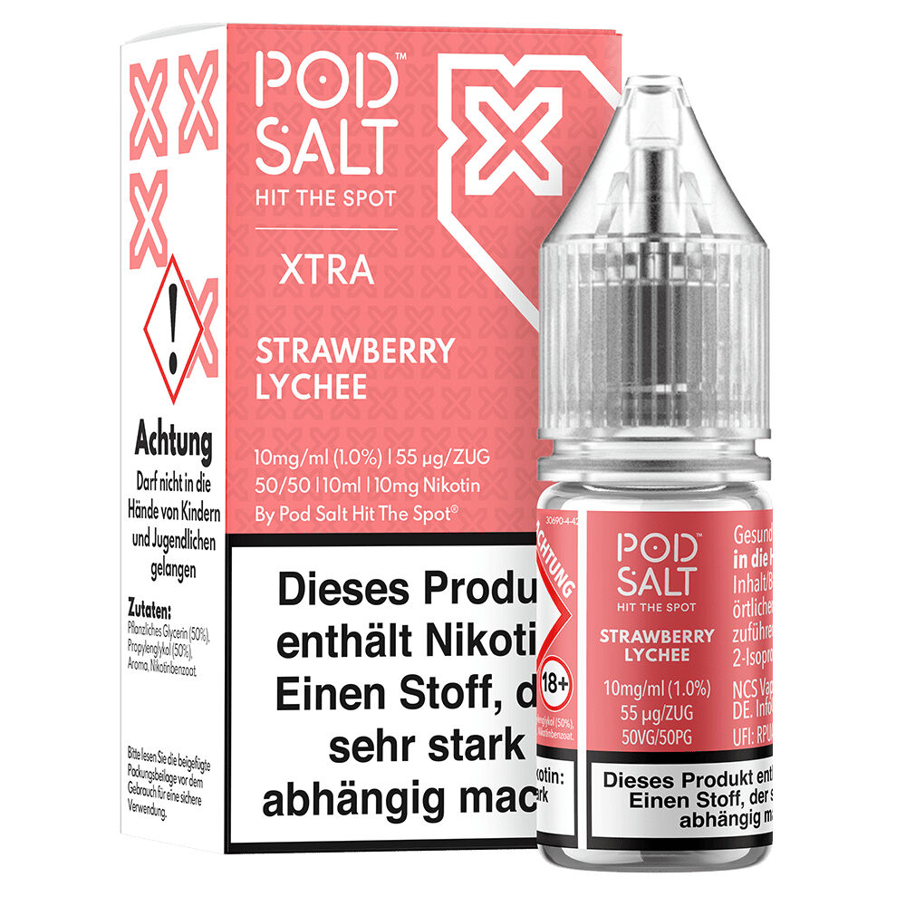 Pod Salt Xtra Nikotinsalz - Strawberry Lychee Nikotinsalzprodukt Pod Salt Xtra Strawberry Lychee mit Verpackung und Flasche, enthält 10mg Nikotin und Warnhinweise auf der Vorderseite
