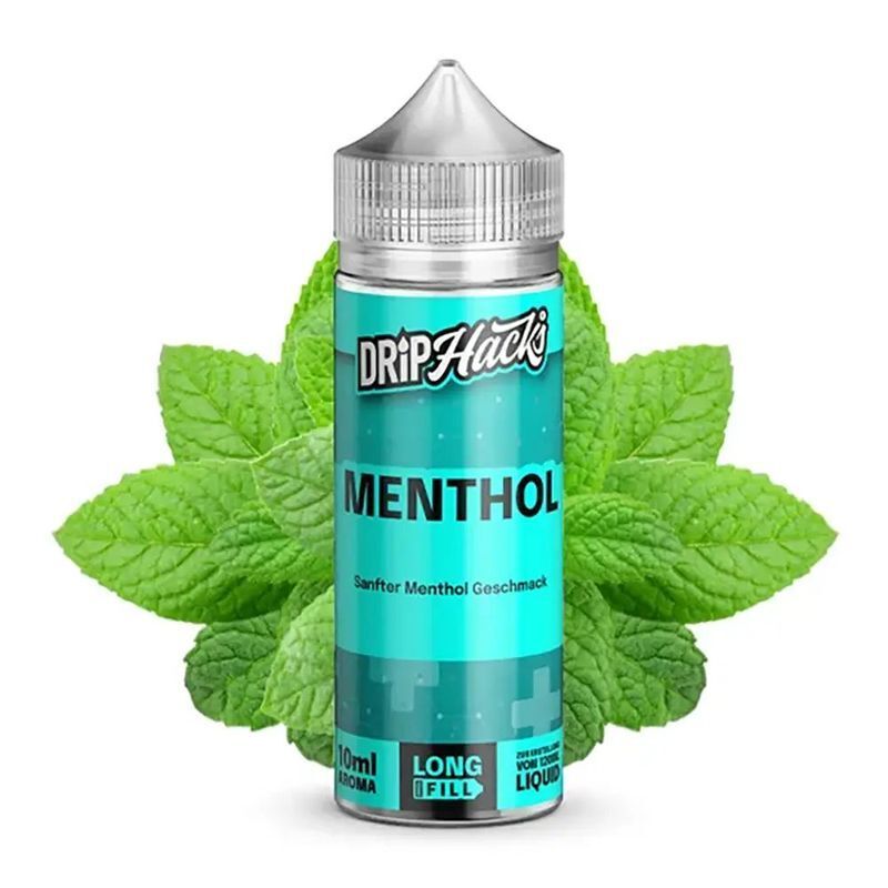 Aroma Menthol von Drip Hacks Drip Hacks Aroma Menthol Flasche vor grünem Minzblatt, mit Etiketttext "Sanfter Menthol Geschmack", 10 ml Longfill-Aroma.